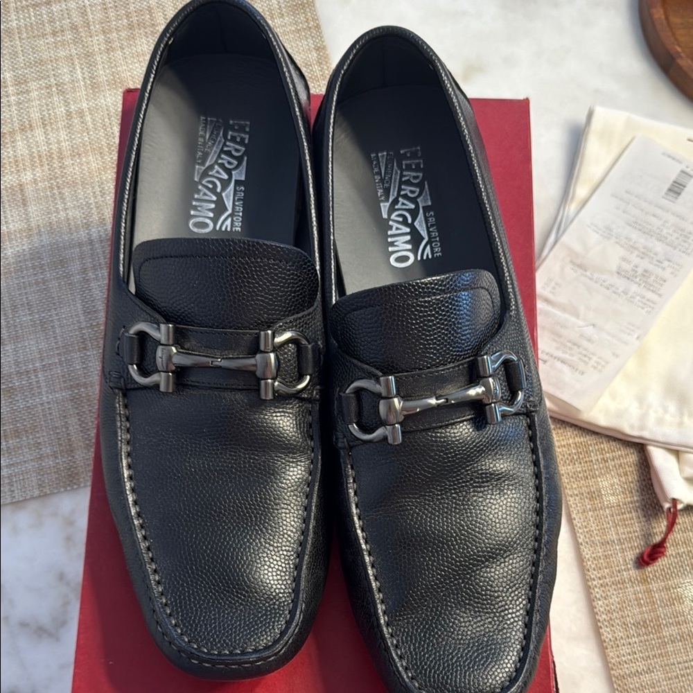 Salvatore Ferragamo Black Leather Loafers with Horsebit Detail